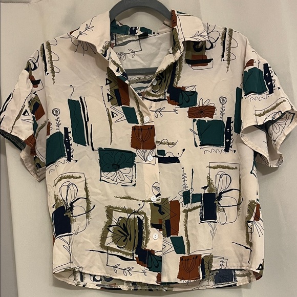 Lioness Tops - Lioness women's  Abstract Print Button Down Shirt - Cream, Green, Brown